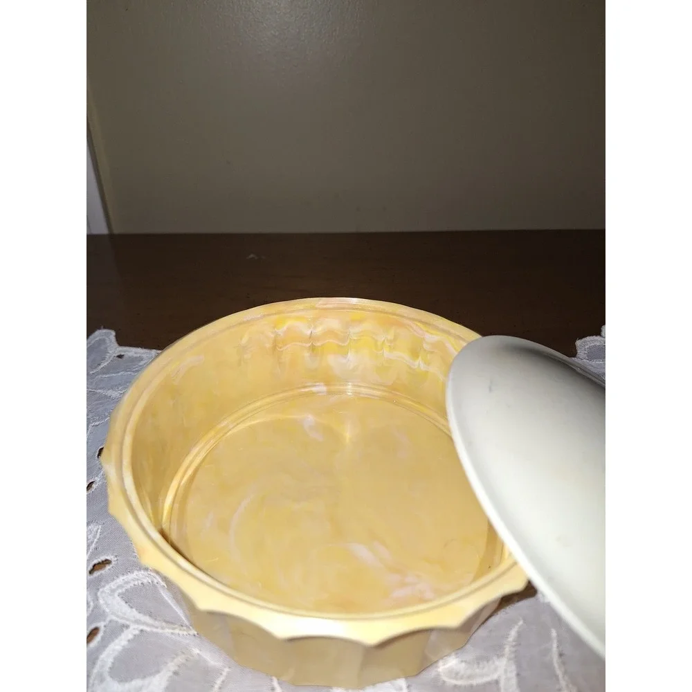 Vintage Avon Topaze Beauty Dust Powder Jar Yellow Marbled Faux Amber Gem‎ Lid